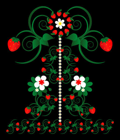strawberry with flowers decorative ornament on black backgroundのイラスト素材