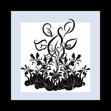 black flower decorative on white and blue background のイラスト素材