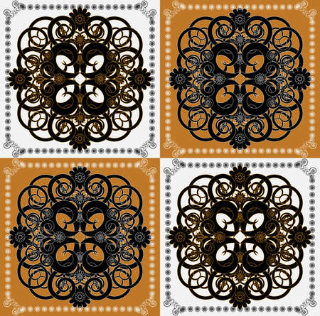 pattern with curl and flower on square backgroundのイラスト素材