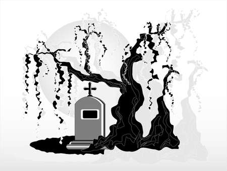 gravestone under tree のイラスト素材