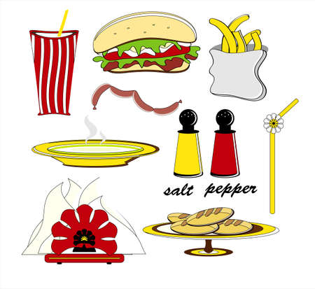 fast food with hamburger sausages french fries and hot soupのイラスト素材