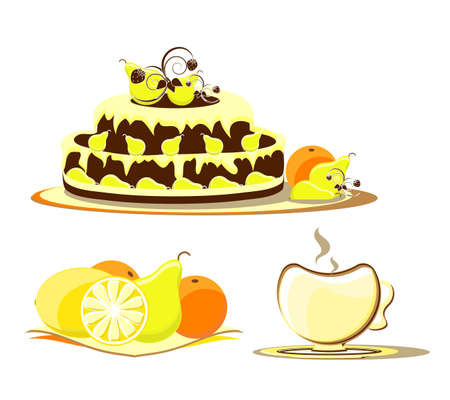 cake with fruit on dish and cup のイラスト素材