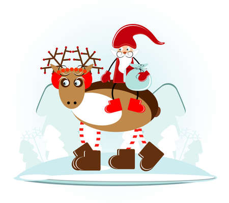 santa claus on christmas deer in winter forestのイラスト素材