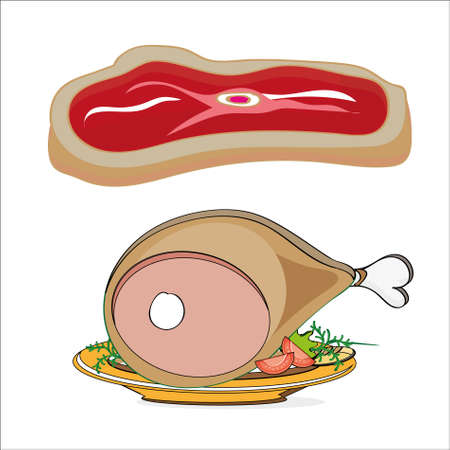 Cartoon  meat steak and shank on a plate with salad on white backgroundのイラスト素材
