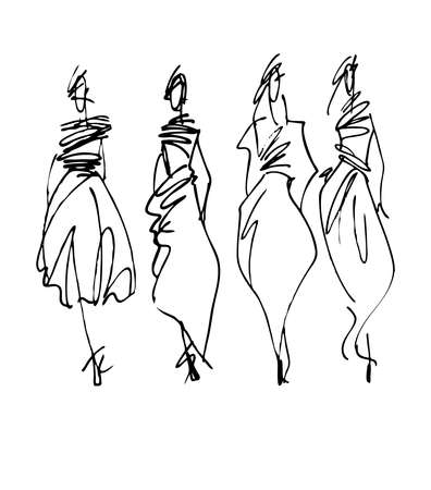 Fashion models hand drawn silhouettesのイラスト素材