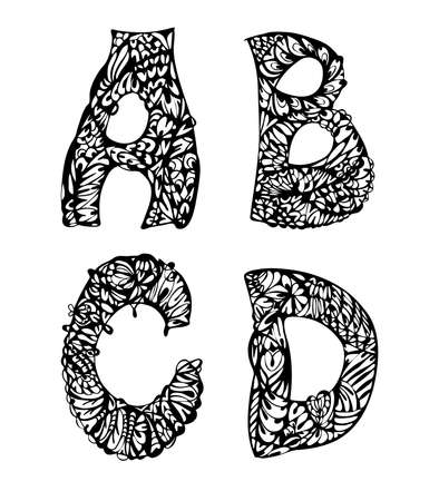 Black and white decorative letters hand drawn, doodles illustrationのイラスト素材