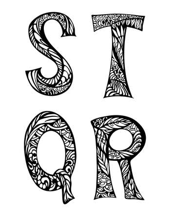 Black and white decorative letters hand drawn, doodles illustrationのイラスト素材