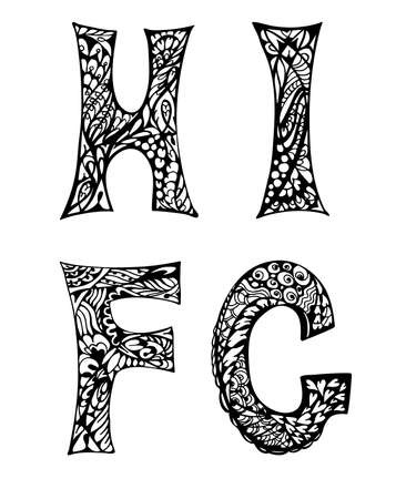 Black and white decorative letters hand drawn, doodles illustrationのイラスト素材