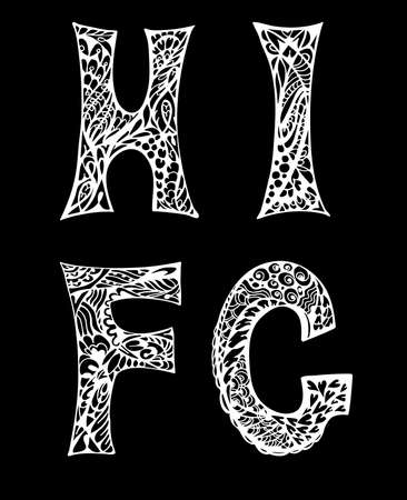 Black and white decorative letters hand drawn, doodles illustrationのイラスト素材