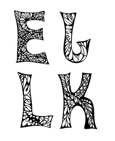 Black and white decorative letters hand drawn, doodles illustrationのイラスト素材