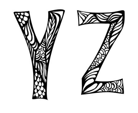 Black and white decorative letters hand drawn, doodles illustrationのイラスト素材