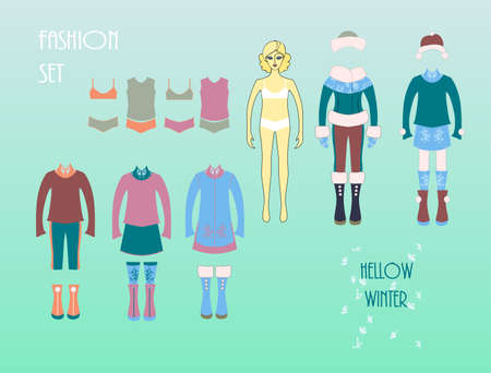 Girls fashion set. Cute dress up doll. Autumn- winter seasons.のイラスト素材