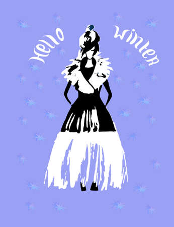 Fashion woman in winter coat. Fashion sketch hand drawn. Vector illustration. Hello winter card, postcard.のイラスト素材