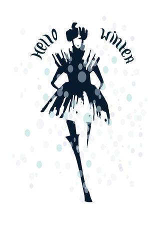 Fashion woman in winter coat. Fashion sketch hand drawn. Vector illustration. Hello winter card, postcard.のイラスト素材