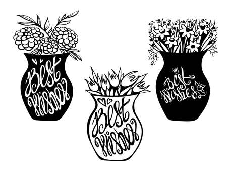Vase of flowers isolated on white. Bouquet. Best wishes -lettering. Vector illustration set.のイラスト素材