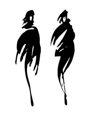 Fashion models sketch hand drawn, stylized silhouettes isolated. Vector fashion illustration set.のイラスト素材