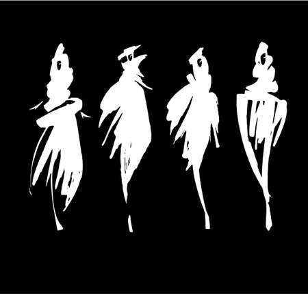 Fashion models sketch hand drawn, stylized silhouettes isolated. Vector fashion illustration set.のイラスト素材