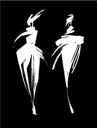 Fashion models sketch hand drawn, stylized silhouettes isolated. Vector fashion illustration set.のイラスト素材