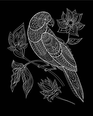 Fantasy flowers and parrot hand drawn. Ornamental bird.のイラスト素材