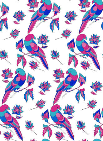 Floral seamless pattern with parrots and flowers. Colorful pattern. Vector illustration hand drawn.のイラスト素材