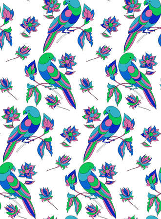 Floral seamless pattern with parrots and flowers. Colorful pattern. Vector illustration hand drawn.のイラスト素材