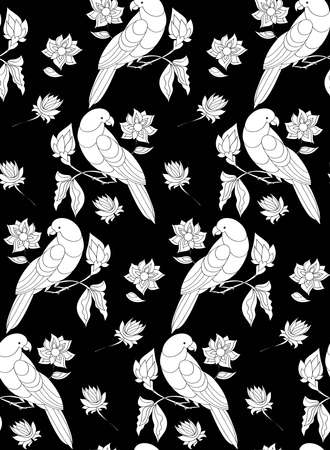 Floral seamless pattern with parrots and flowers. Line art. Vector illustration hand drawn.のイラスト素材