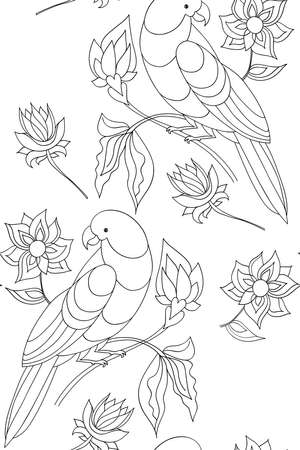 Floral seamless pattern with parrots and flowers. Line art. Vector illustration hand drawn.のイラスト素材