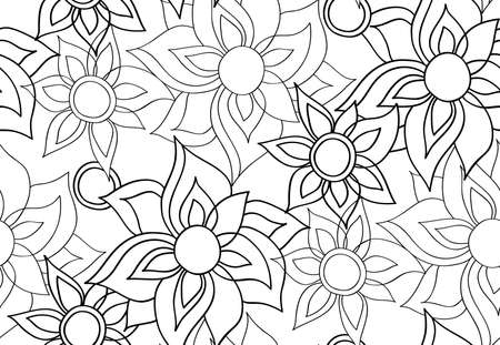 Floral seamless pattern with fantasy flowers. Line art. Vector illustration hand drawn.のイラスト素材