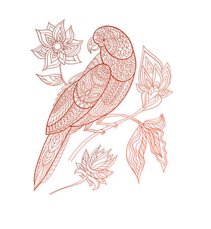 Fantasy bird with flowers hand drawn. Vector illustration.T-shirt print. Tattoo.のイラスト素材