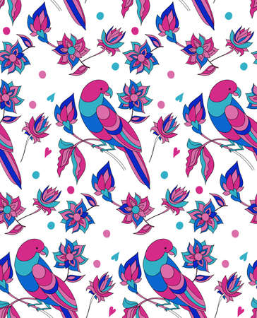 Colorful seamless background pattern. Parrot and fantasy flowers.のイラスト素材