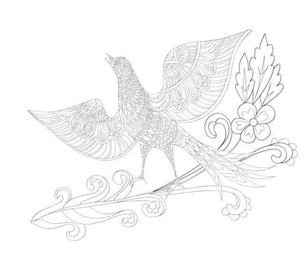 Coloring book page. Fantasy bird and flowers. Vector illustration hand drawn.のイラスト素材