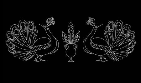 Peacock ornamental hand drawn. Fantasy bird isolated. Black and white vector illustration. T-shirt designs. Embroidery pattern in oriental style.のイラスト素材