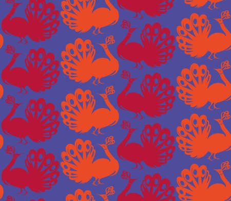 Seamless background pattern with peacock. Vector illustration hand drawn. Tropical pattern for fabric, wrapping paper. Fantasy birds pattern.のイラスト素材