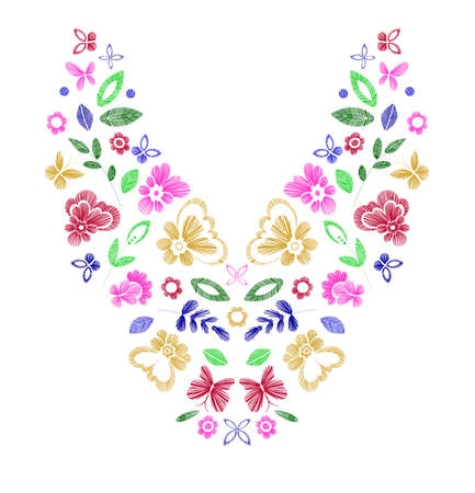 Floral pattern, neck line designs. Vector illustration hand drawn. Fantasy flowers embroidery pattern.のイラスト素材