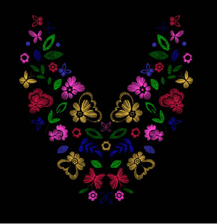 Floral pattern, neck line designs. Vector illustration hand drawn. Fantasy flowers embroidery pattern.のイラスト素材