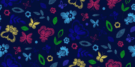 Floral seamless background pattern with fantasy flowers. Line art. Vector colorful illustration hand drawn. Embroidery design - flowers, leaves, butterflies. Craft paper, fabric swatch.のイラスト素材