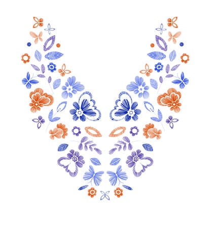 Floral pattern, neck line designs. Vector illustration hand drawn. Fantasy flowers embroidery pattern.のイラスト素材