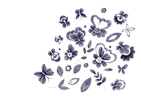 Set of floral pattern with fantasy flowers isolated. Line art. Vector illustration hand drawn. Embroidery design elements - flowers, leaves, butterflies.のイラスト素材