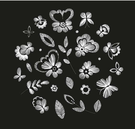 Set of floral pattern with fantasy flowers isolated. Line art. Vector illustration hand drawn. Embroidery design elements - flowers, leaves, butterflies.のイラスト素材