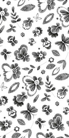Floral seamless background pattern with fantasy flowers. Line art. Vector illustration hand drawn. Embroidery design - flowers, leaves, butterflies. Craft paper, fabric swatch.のイラスト素材