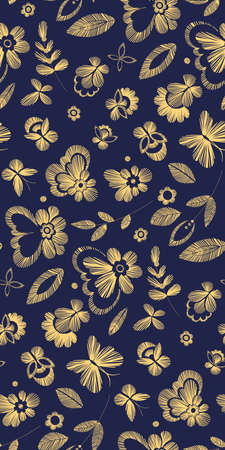 Floral seamless background pattern with fantasy flowers. Line art. Vector colorful illustration hand drawn. Embroidery design - flowers, leaves, butterflies. Craft paper, fabric swatch.のイラスト素材