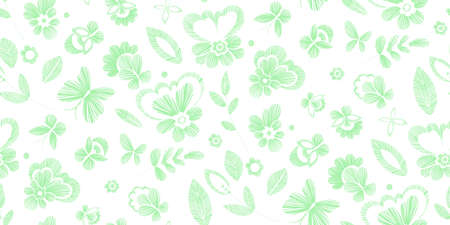 Floral seamless background pattern with fantasy flowers. Line art. Vector colorful illustration hand drawn. Embroidery design - flowers, leaves, butterflies. Craft paper, fabric swatch.のイラスト素材