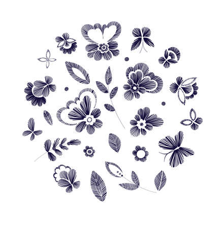 Set of floral pattern with fantasy flowers isolated. Line art. Vector illustration hand drawn. Embroidery design elements - flowers, leaves, butterflies.のイラスト素材
