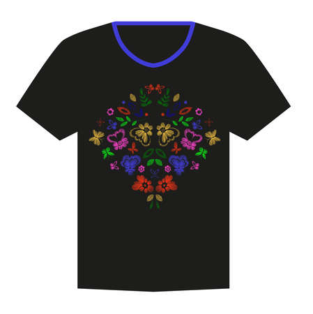 T-shirt design with flowers and butterflies. Colorful vector illustration hand drawn.のイラスト素材