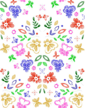 Floral seamless background pattern with flowers and birds. Vector illustration hand drawn. Spring -summer season.のイラスト素材