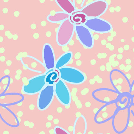 Floral seamless background pattern with daisy flowers illustration hand drawn. Wrapping paper, fabric swatch.のイラスト素材