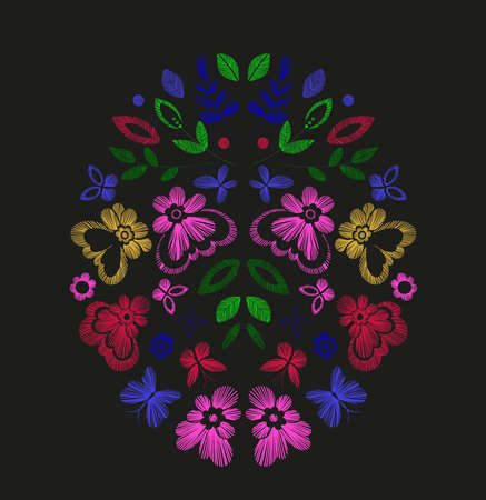 Floral design, embroidery pattern. Colorful vector illustration hand drawn. Fantasy flowers leaves and butterflies. T-shirt designs.のイラスト素材