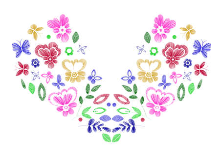 Floral design, embroidery pattern. Colorful vector illustration hand drawn. Fantasy flowers leaves and butterflies. T-shirt designs.のイラスト素材