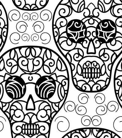 Skulls seamless background pattern. Floral design elements .Fabric swatch. Tribal style. Monochrome vector illustration hand drawn. Line art.のイラスト素材