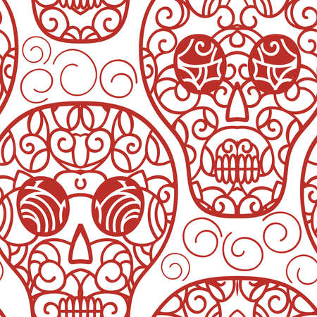 Skulls seamless background pattern. Floral design elements .Fabric swatch. Tribal style. Vector illustration hand drawn. Line art.のイラスト素材